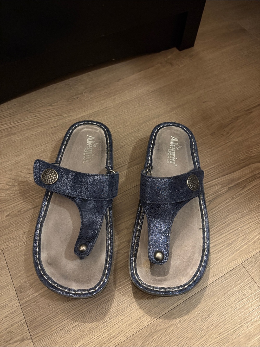 Alegria Metallic Navy Thong Sandals